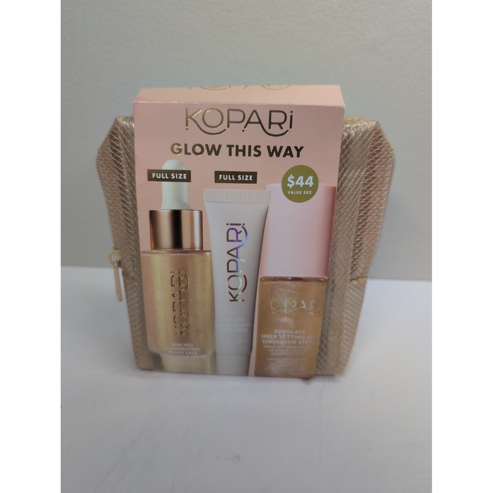 Kopari Glow This Way SPF Kit Sunscreen, Shear Setting Mist And Lip Balm New